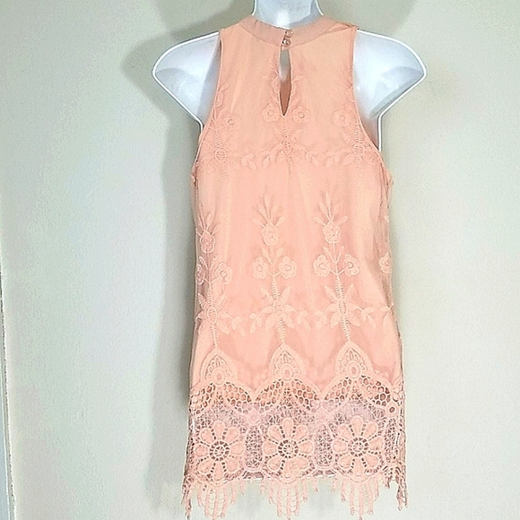 Tunic tank top blush peach Grecian crochet lace embroidery lined longer flowy - Picture 2 of 10